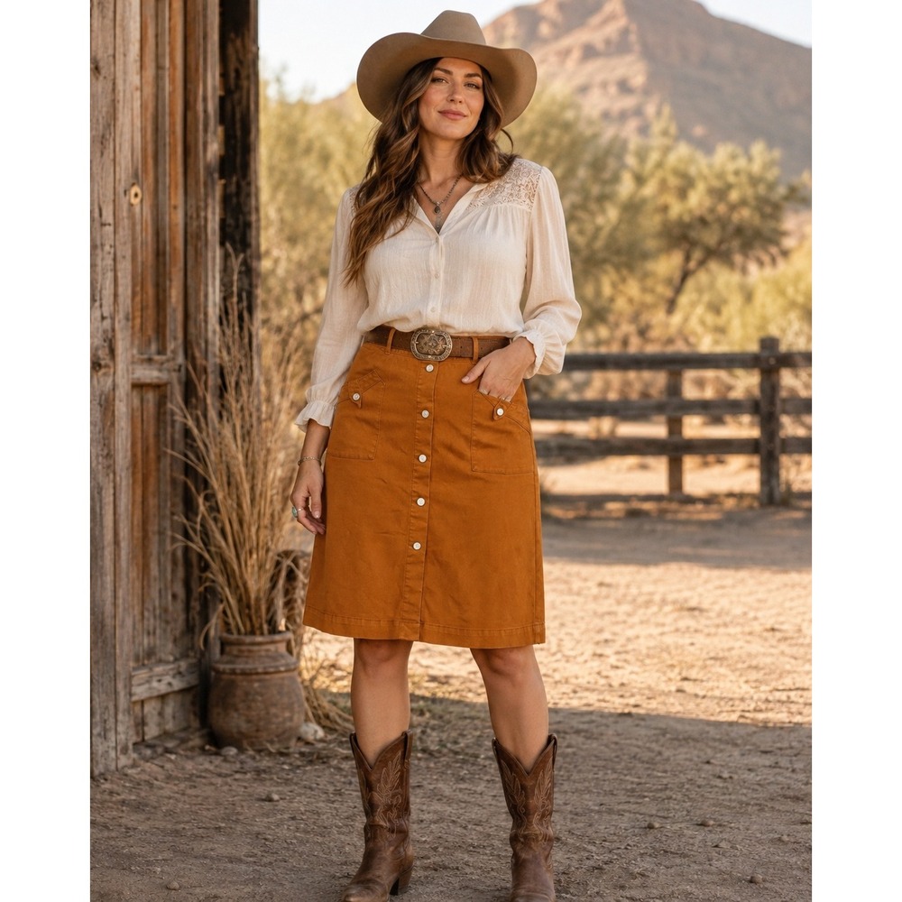 Cato C Denim Est 1946 Womens Size 12 Rust Button Front Midi Skirt Boho Western - Picture 1 of 5